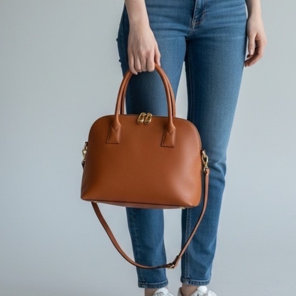 Focus Paris Cognac Brown Leather Satchel Crossbody Bag Made in France
